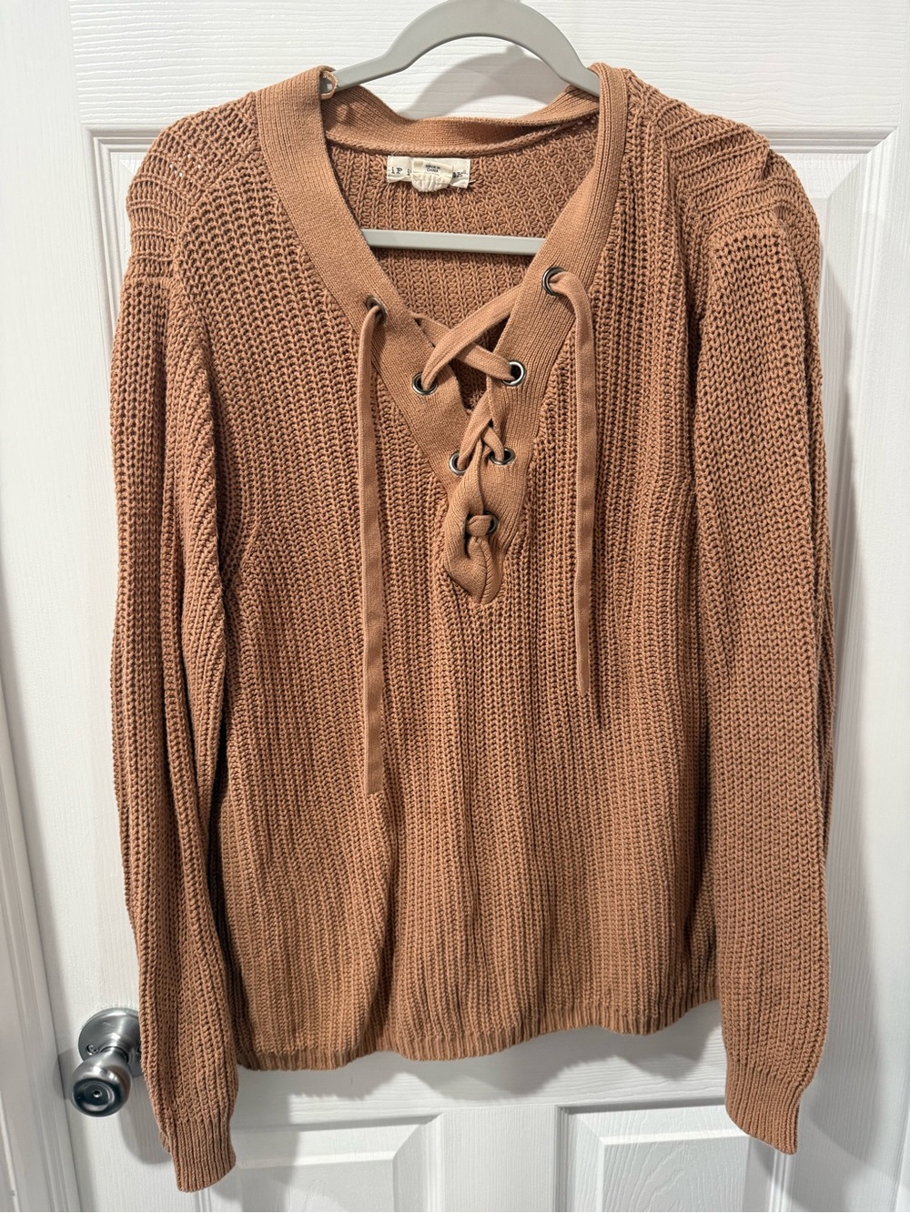 if it were me Lace-Up V-Neck Sweater - Brown size XL